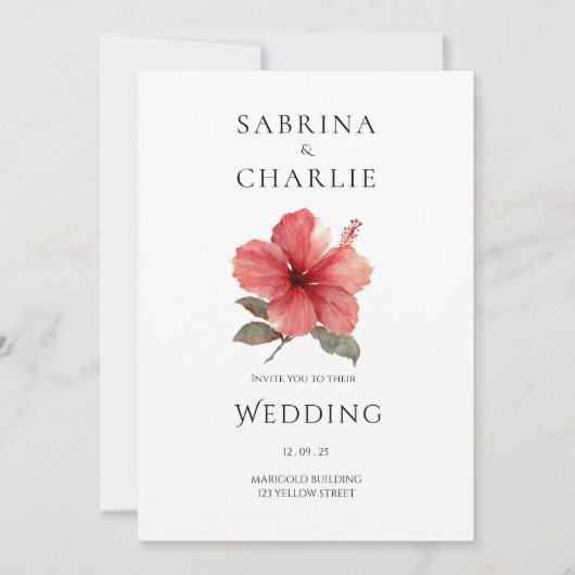 Coral Red Hibiscus Floral Tropical Wedding 招待状 (正面)