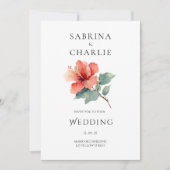 Coral Red Hibiscus Floral Tropical Wedding 招待状 (正面)