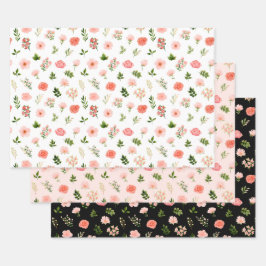 Coral Red Roses and Foliage Pattern ラッピングペーパーシート