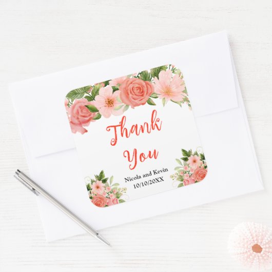 Coral Red Roses with Foliage スクエアシール (封筒)