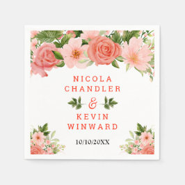 Coral Red Roses with Foliage スタンダードカクテルナプキン