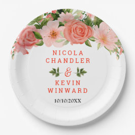 Coral Red Roses with Foliage ペーパープレート