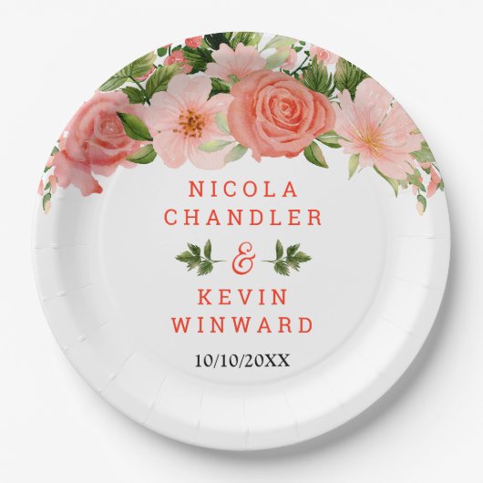 Coral Red Roses with Foliage ペーパープレート (正面)