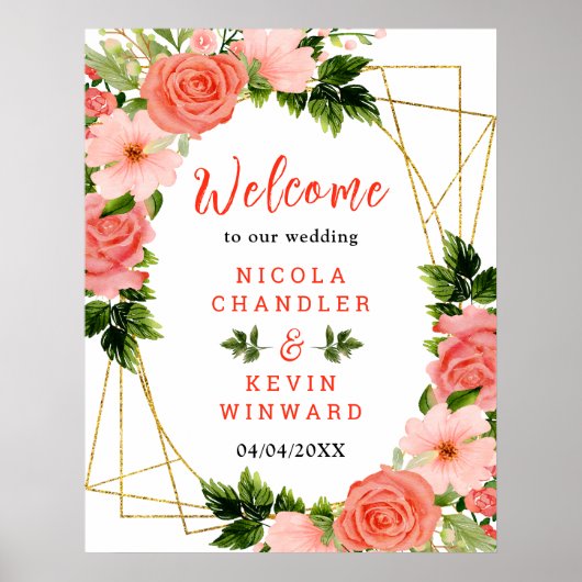 Coral Red Roses with Foliage ポスター (正面)