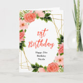 Coral Red Roses with Foliage Birthday カード (正面)