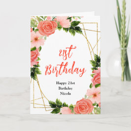 Coral Red Roses with Foliage Birthday カード