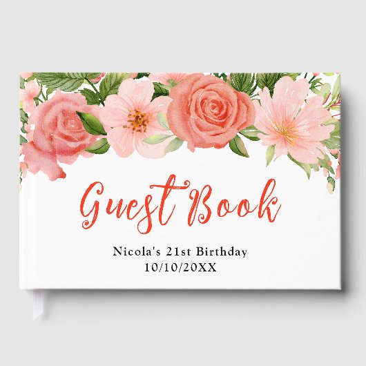 Coral Red Roses with Foliage Birthday ゲストブック (正面)