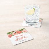 Coral Red Roses with Foliage Birthday スクエアペーパーコースター (インサイチュ)