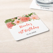 Coral Red Roses with Foliage Birthday スクエアペーパーコースター (アングル)