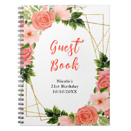 Coral Red Roses with Foliage Birthday Guest Book ノートブック