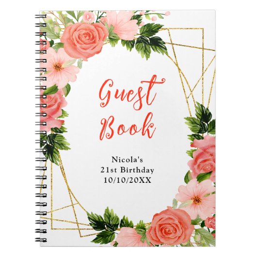 Coral Red Roses with Foliage Birthday Guest Book ノートブック (正面)