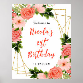 Coral Red Roses with Foliage Birthday Welcome ポスター