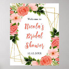 Coral Red Roses with Foliage Bridal Shower Welcome ポスター