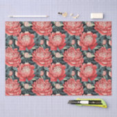 Coral Red & Sage Green Peony Flowers Tissue Paper 薄葉紙 (クラフト)
