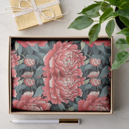 Coral Red & Sage Green Peony Flowers Tissue Paper 薄葉紙 (ギフト)
