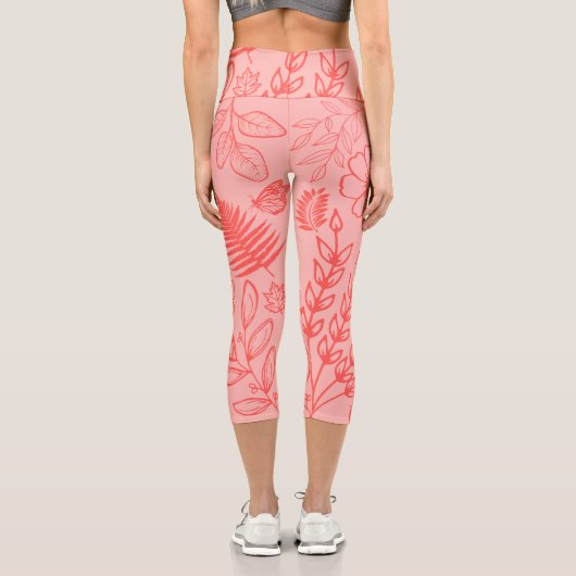 Coral Red Tropical Floral Pattern  カプリレギンス (裏面)