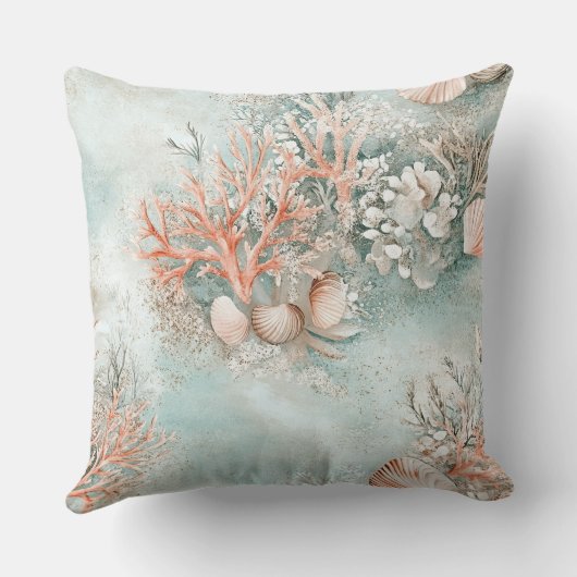 Coral Reef Seashells & Aqua Waves Pattern (10) クッション (裏面)