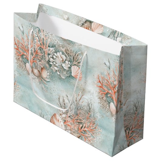 Coral Reef Seashells & Aqua Waves Pattern (10) ラージペーパーバッグ (正面アングル)