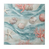 Coral Reef Seashells & Aqua Waves Pattern (12) タイル (正面)