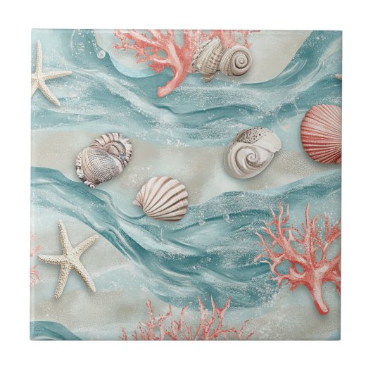 Coral Reef Seashells & Aqua Waves Pattern (12) タイル (正面)