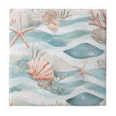 Coral Reef Seashells & Aqua Waves Pattern (4) タイル (正面)