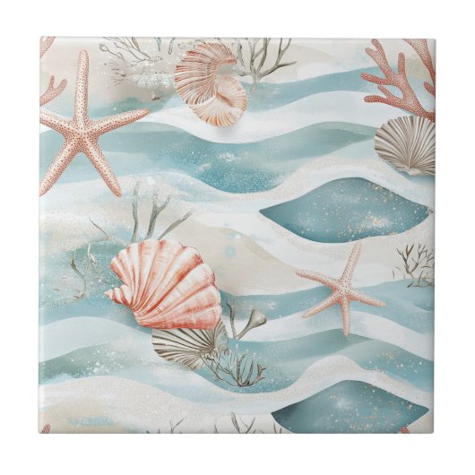 Coral Reef Seashells & Aqua Waves Pattern (4) タイル (正面)