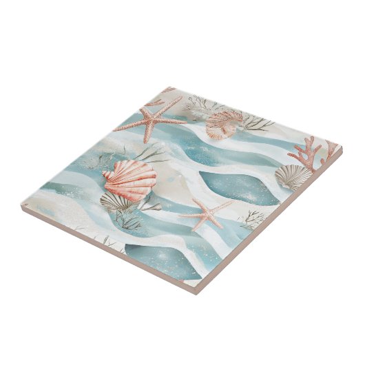 Coral Reef Seashells & Aqua Waves Pattern (4) タイル (側面)