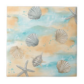 Coral Reef Seashells & Aqua Waves Pattern (5) タイル (正面)