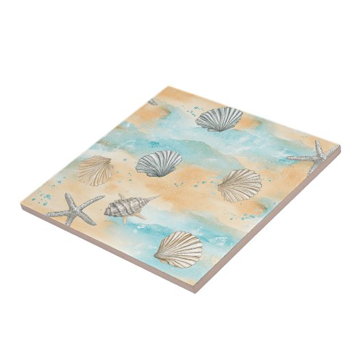 Coral Reef Seashells & Aqua Waves Pattern (5) タイル (側面)