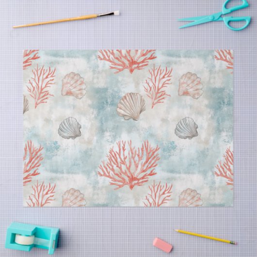 Coral Reef Seashells & Aqua Waves Pattern (7) 薄葉紙 (クラフト)