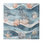 Coral Reef Seashells & Aqua Waves Pattern (8) タイル (正面)