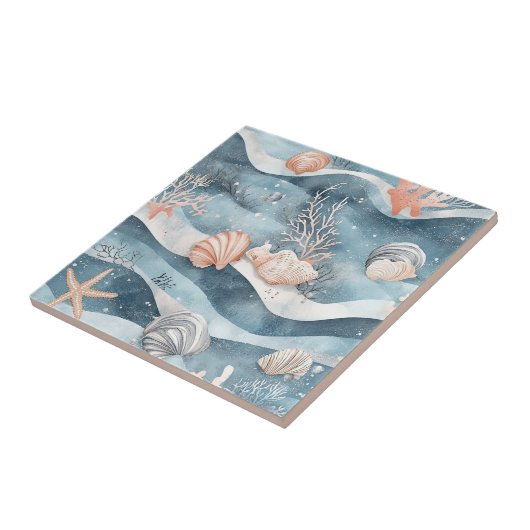 Coral Reef Seashells & Aqua Waves Pattern (8) タイル (側面)
