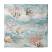 Coral Reef Seashells & Aqua Waves Pattern (9) タイル (正面)