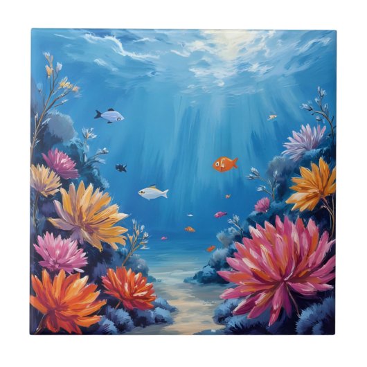 Coral Reef Under the Sea Ocean Painting タイル (正面)
