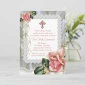 Coral Rose Pearl Cross First Communion 招待状 (スタンド正面)