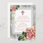 Coral Rose Pearl Cross First Communion 招待状 (正面/裏面)