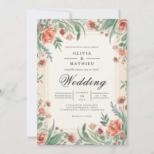 Coral & Sage Floral Arch Wedding 招待状 (正面)