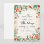 Coral & Sage Floral Arch Wedding 招待状 (正面/裏面)