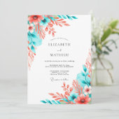 Coral Teal Artistic Bloom Wedding 招待状 (スタンド正面)