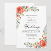 Coral Teal Bloom Flourish Wedding 招待状 (正面/裏面)