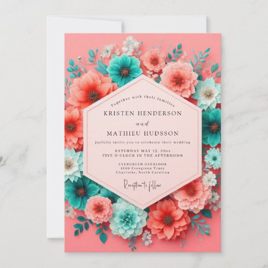 Coral Teal Bloom Whimsy Wedding 招待状 (正面)