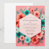 Coral Teal Bloom Whimsy Wedding 招待状 (正面/裏面)