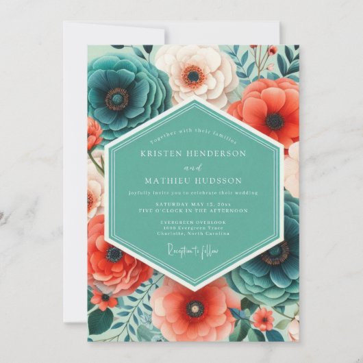 Coral Teal Bold Floral Wedding 招待状 (正面)