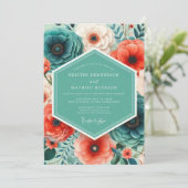 Coral Teal Bold Floral Wedding 招待状 (スタンド正面)