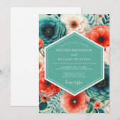 Coral Teal Bold Floral Wedding 招待状 (正面/裏面)
