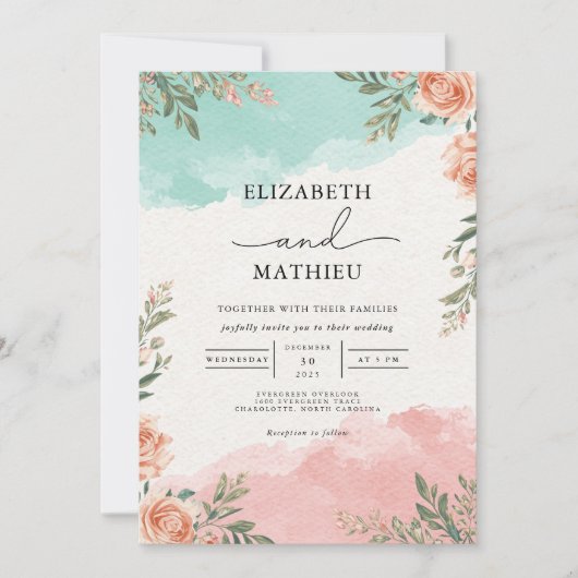 Coral Teal Floral Wash Wedding 招待状 (正面)