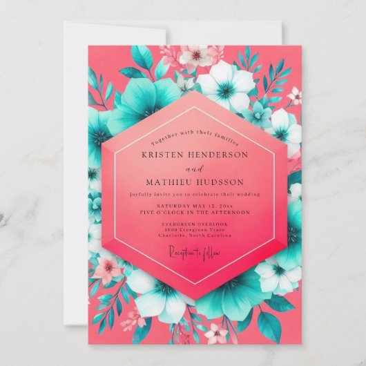 Coral Teal Floral Whimsy Wedding 招待状 (正面)