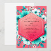 Coral Teal Floral Whimsy Wedding 招待状 (正面/裏面)