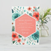 Coral Teal Painterly Poppy Wedding 招待状 (スタンド正面)