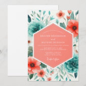 Coral Teal Painterly Poppy Wedding 招待状 (正面/裏面)